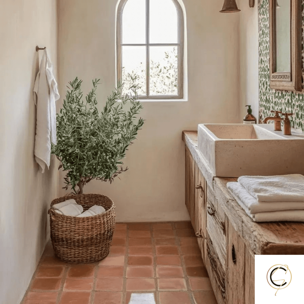 Rustic handmade terracotta floor tile in warm golden-red tones with natural surface variation