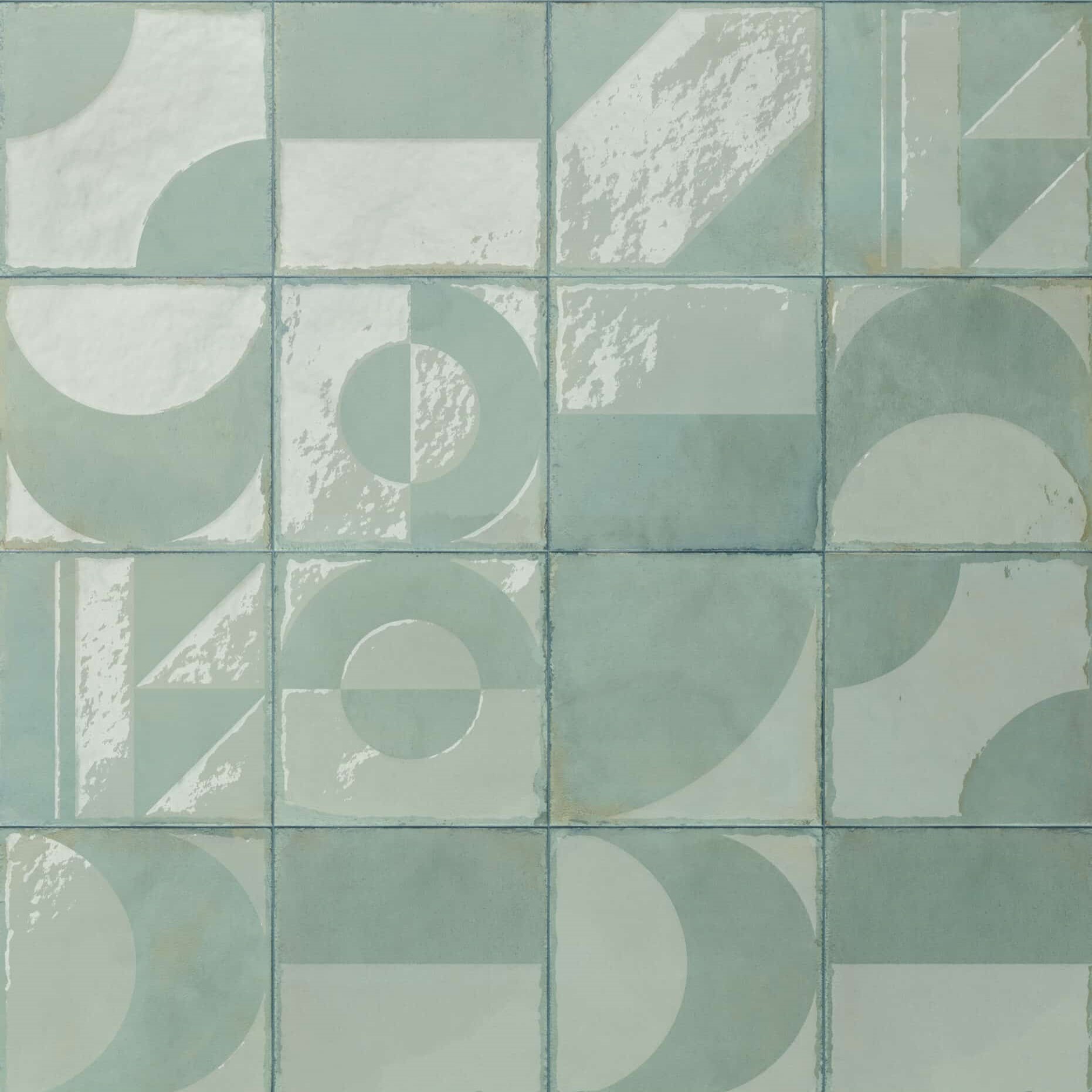 FORMA square porcelain tile with geometric circle motif in layered gloss and matt finish, 20x20 cm