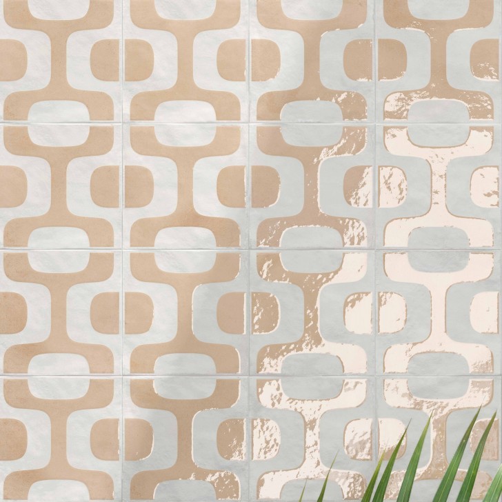 FORMA square porcelain tile with linear Ipanema pattern in pastel tones, tactile matt-gloss surface