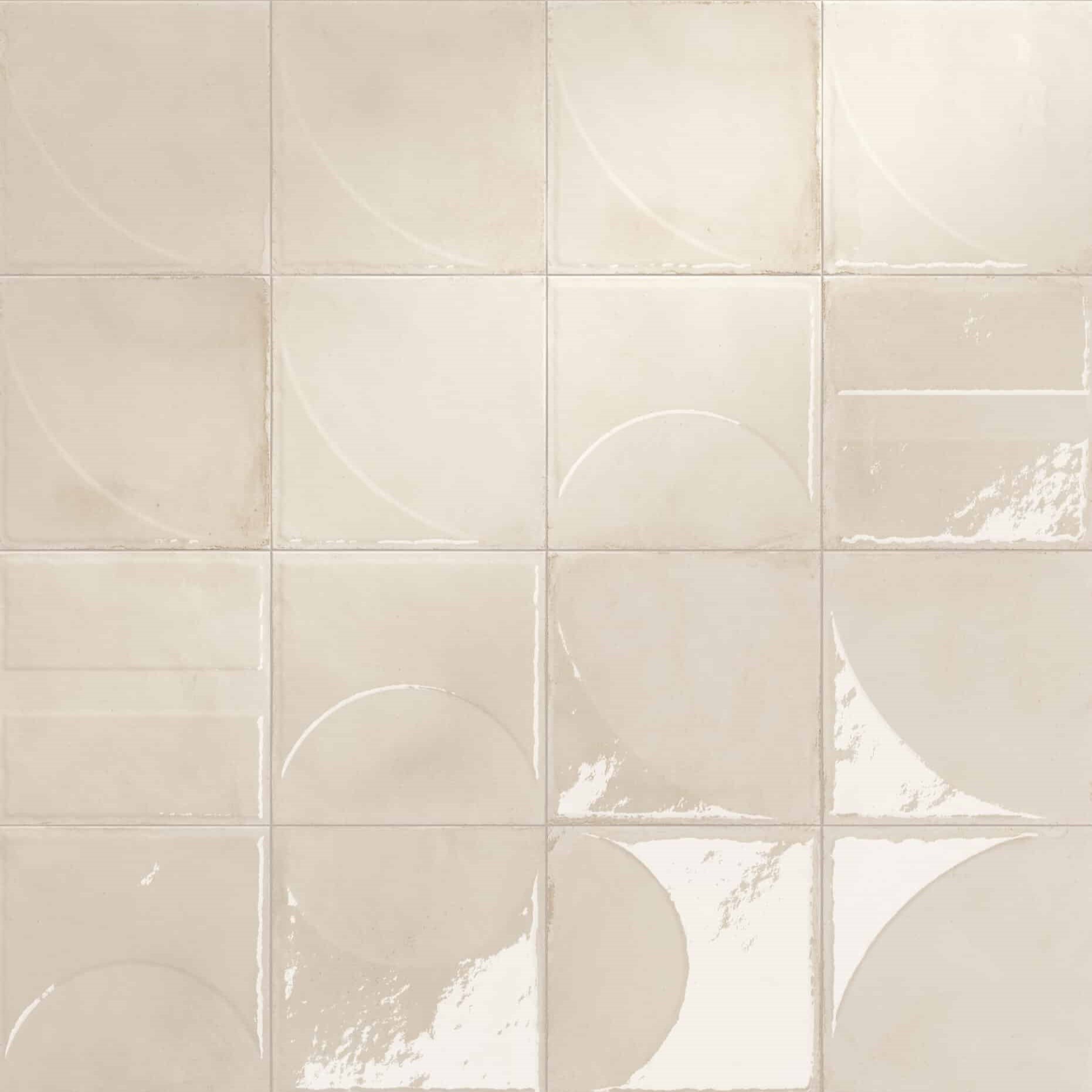 FORMA square porcelain tile with geometric circle motif in layered gloss and matt finish, 20x20 cm