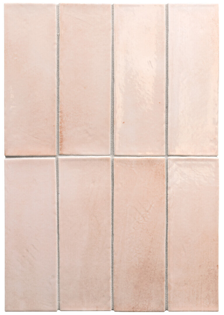 Soft blush pink glazed tiles with gentle tonal variation and light-reflective finish, Cerastone Sydney
