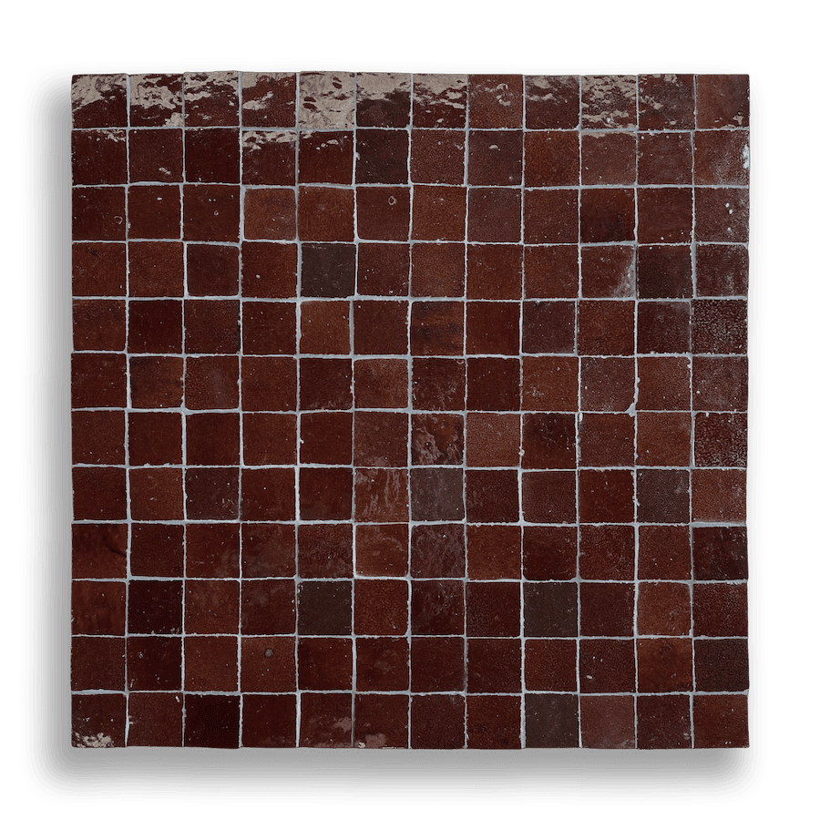 Mini Chocolate Moroccan Zellige Mosaic Tile featuring rich chocolate brown tones and handcrafted 50x50 chips mounted on mesh.