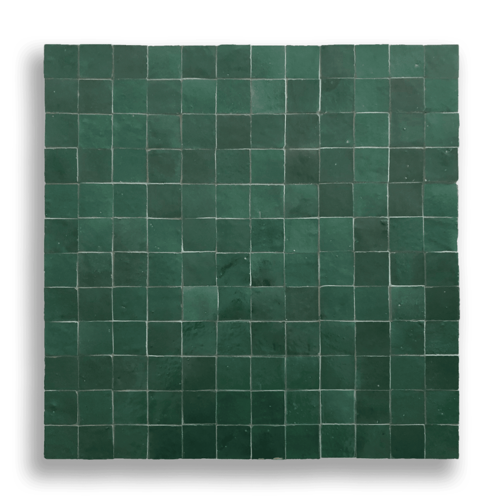 Mini Emerald Moroccan Zellige Mosaic Tile featuring rich emerald green tones and handcrafted Moroccan character.