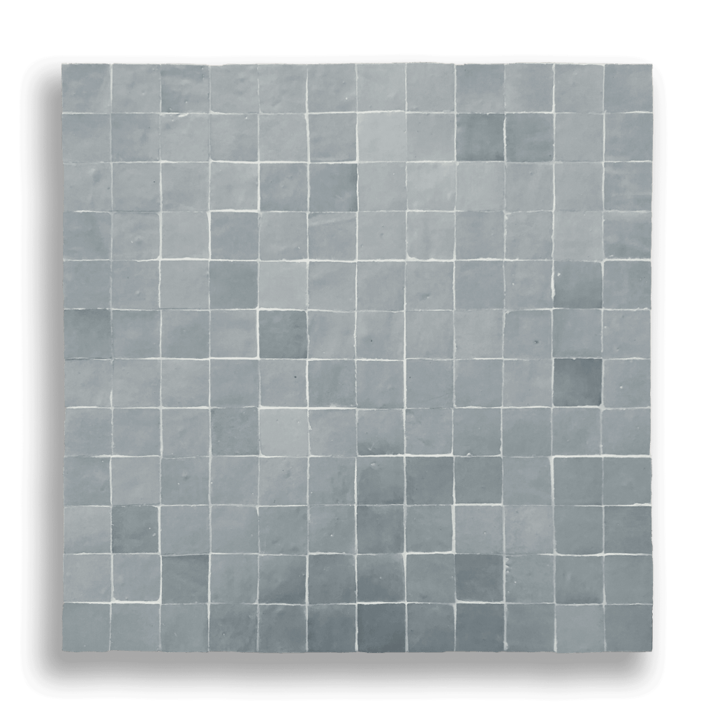Mini Lagoon Moroccan Zellige Mosaic Tile featuring soft blue-grey tones and handcrafted 50x50 chips mounted on mesh.