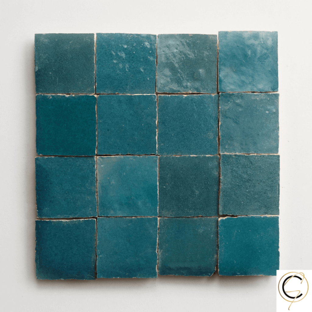 Petrolio Handmade Moroccan Zellige Tile in 100x100 format featuring rich blue green tones and authentic handcrafted variation.